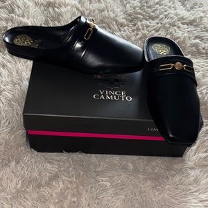 Vince Camuto Black Leather Slip-On Mules with Gold Accent